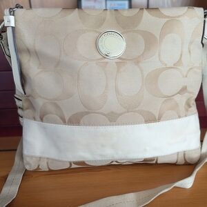 Vintage 2000's COACH Signature Stripe Crossbody Tote Bag Tan/Khaki Cream Trim